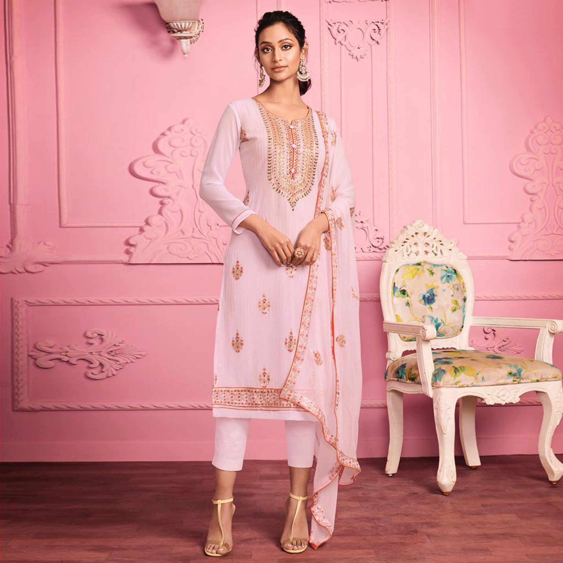 Blush Partywear Thread Floral Embroidery & Khatli Sequins Alizeh Georgette Suit