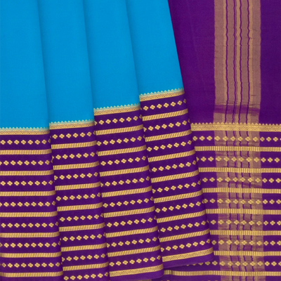 Sky Blue Mysore Crepe Silk Saree With Small Motifs In Purple Border-Sky Blue