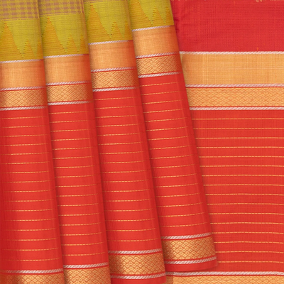 Beige Handloom Chirala Silk Cotton Saree With Checks-Beige