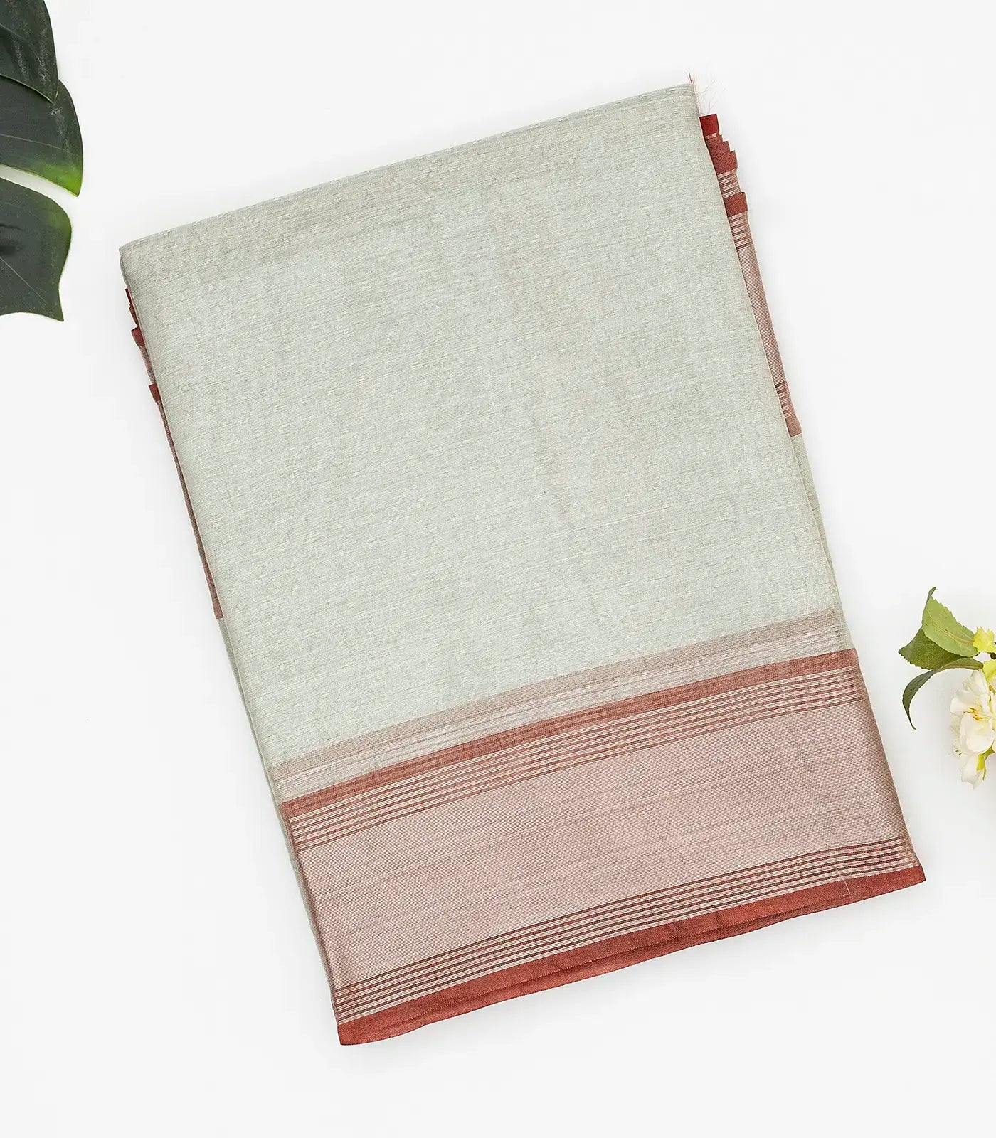 Grey Blended Tussar Tissue Saree With Red Border-Grey