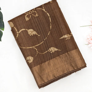 Dark Olive Handloom Tussar Silk Saree With Printed Vine Motifs-Dark Olive