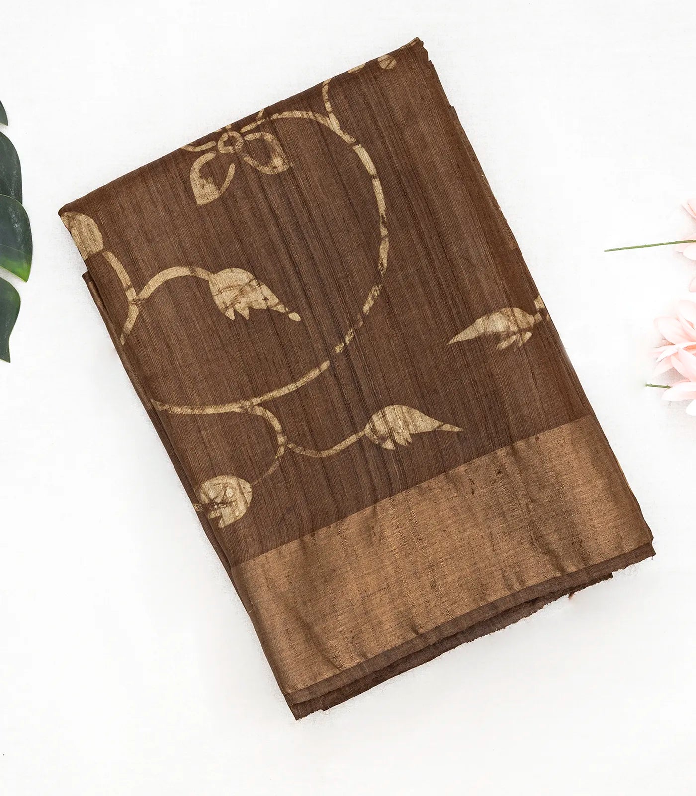 Dark Olive Handloom Tussar Silk Saree With Printed Vine Motifs-Dark Olive