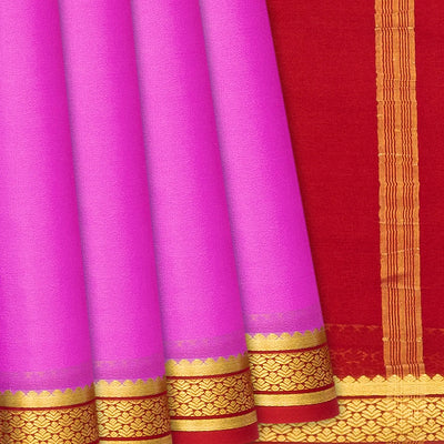Bubblegum Pink Mysore Plain Crepe Silk Saree With Contrast Red Border-BubbleGum Pink