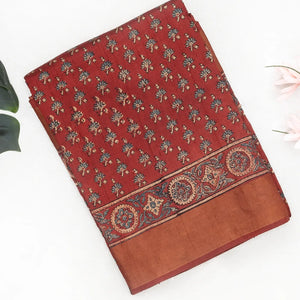Crimson Handloom Tussar Silk Saree With Printed Floral Motifs-Crimson