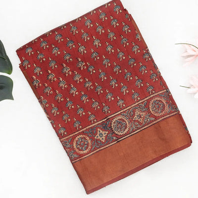 Crimson Handloom Tussar Silk Saree With Printed Floral Motifs-Crimson