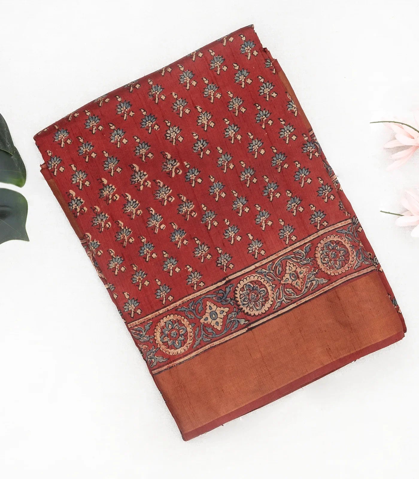 Crimson Handloom Tussar Silk Saree With Printed Floral Motifs-Crimson