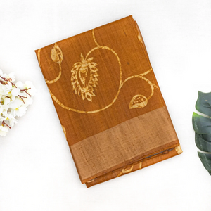 Oil Mustard Handloom Tussar Silk Saree With Printed Vine Motifs-OIL MUSTARD