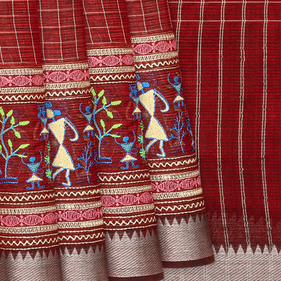 Maroon Handloom Chirala Saree  With Embroidery-Maroon