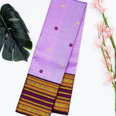 Lavender Handloom Kanchipuram Korvai Silk Saree With Maroon Border-Lavander