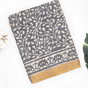 Grey Handloom Tussar Silk Saree With Printed Vine Motifs-Grey