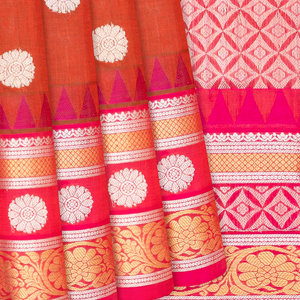 Rust Handloom Chirala Silk Cotton With Pink Border-Rust