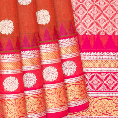 Rust Handloom Chirala Silk Cotton With Pink Border-Rust