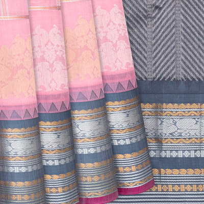 Bubble gum Pink Handloom Chirala Silk Cotton Saree With Annam Motifs-BubbleGum Pink