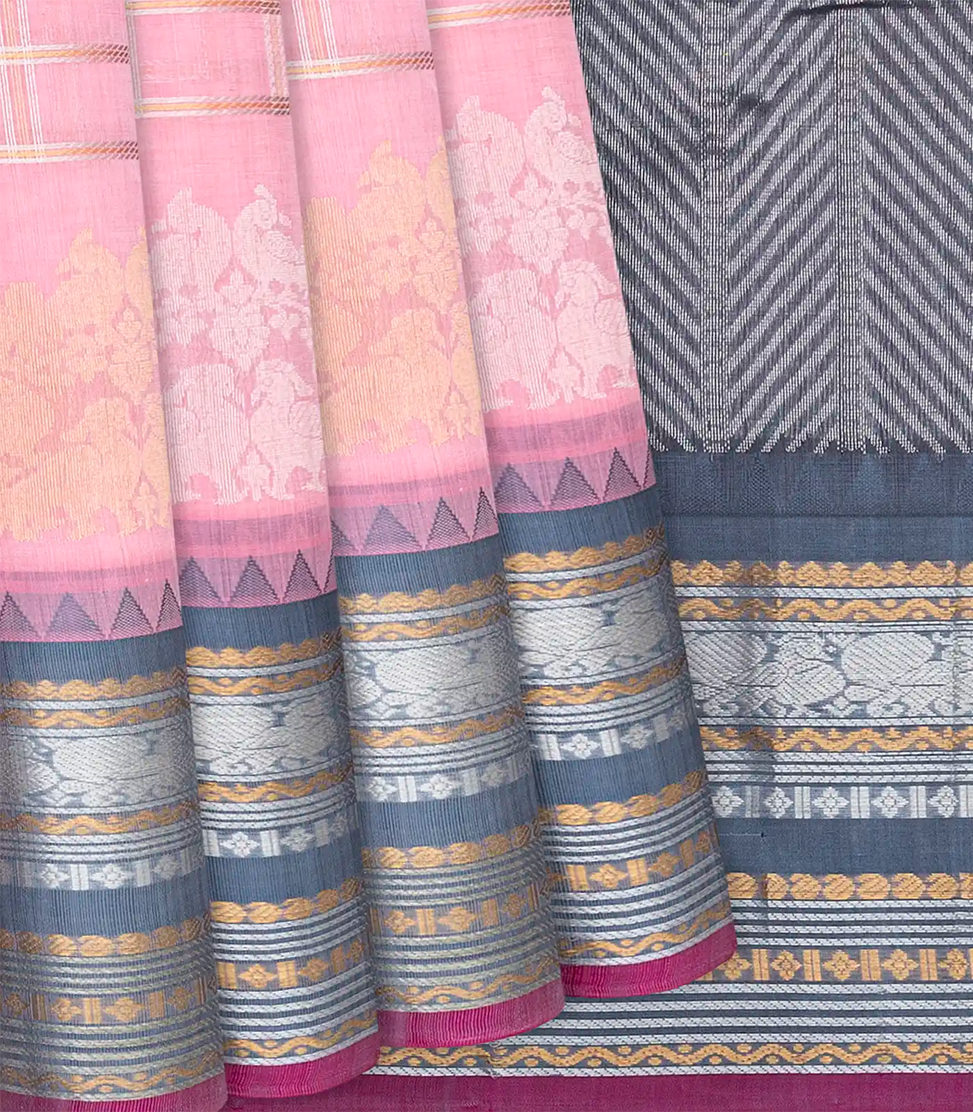 Bubble gum Pink Handloom Chirala Silk Cotton Saree With Annam Motifs-BubbleGum Pink