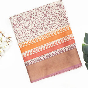 White Handloom Tussar Silk Saree With Printed Vine Motifs-White