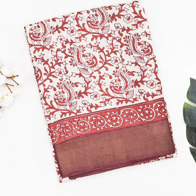 White Handloom Tussar Silk Saree With Printed Annam Vine Motifs-White