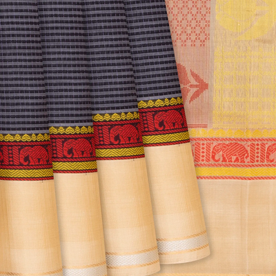 Black Handloom Chirala Silk Cotton Saree With Cream Border-Black