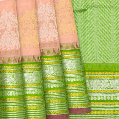 Light Peach Handloom Chirala Silk Cotton Saree With Annam Motifs-Light Peach