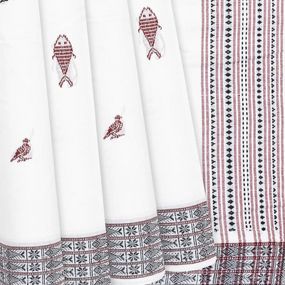 White Handwoven Chirala Saree With Fish Motifs-White