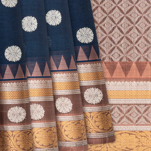 Navy Blue Handloom Chirala Silk Cotton Saree  With Kamalam Motifs-Navy Blue