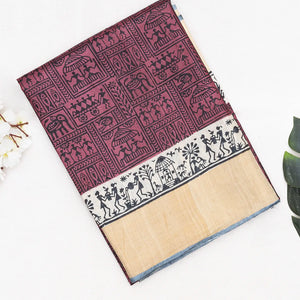 Chestnut Pink Handloom Tussar Silk Saree With Printed Tribal Motifs-Chestnut Pink