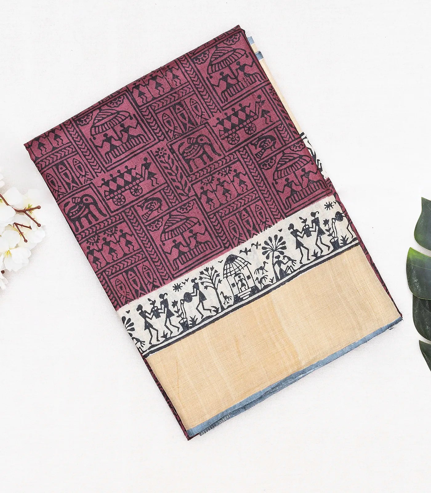 Chestnut Pink Handloom Tussar Silk Saree With Printed Tribal Motifs-Chestnut Pink
