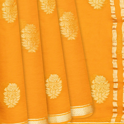 Mango Yellow Mysore Chiffon Silk Saree With Floral Motifs-Mango Yellow