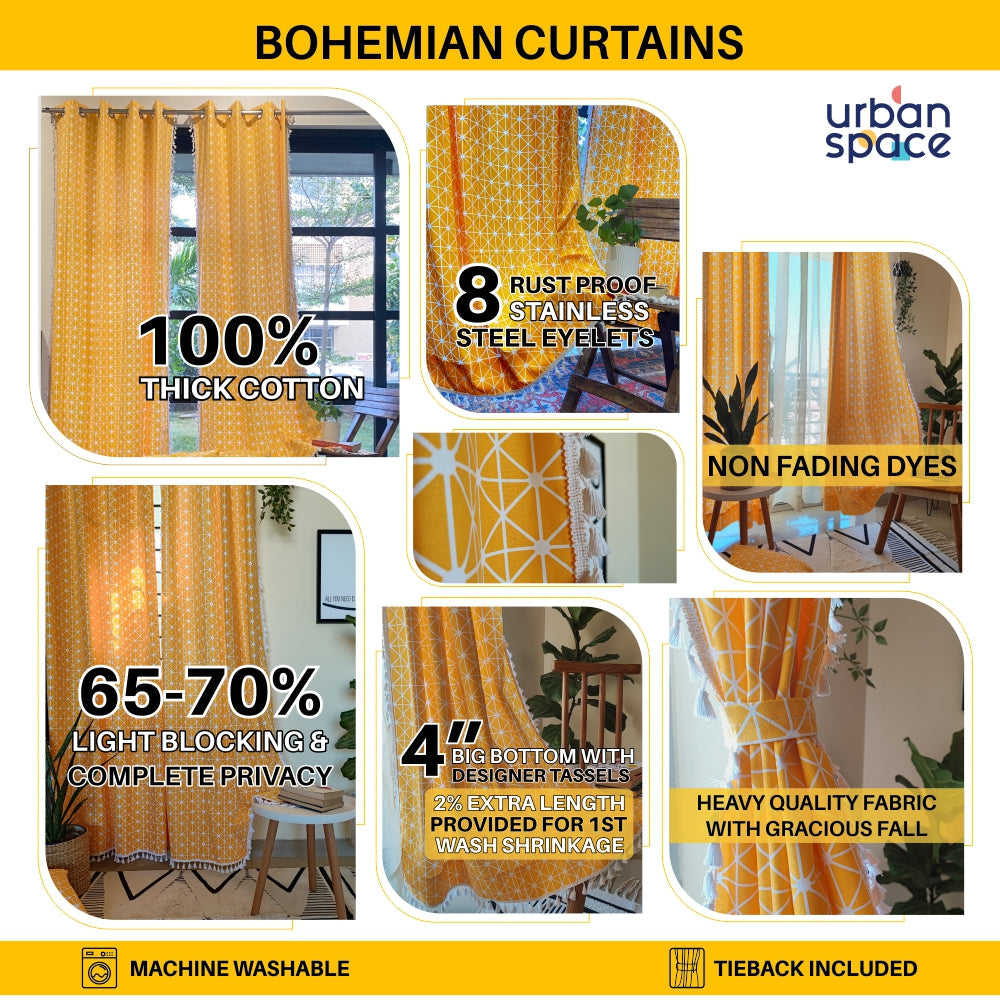 100% Cotton Boho Curtain for Window & Door - Pack of 2 Curtains With 2 FREE Cushion Covers, Yellow Star