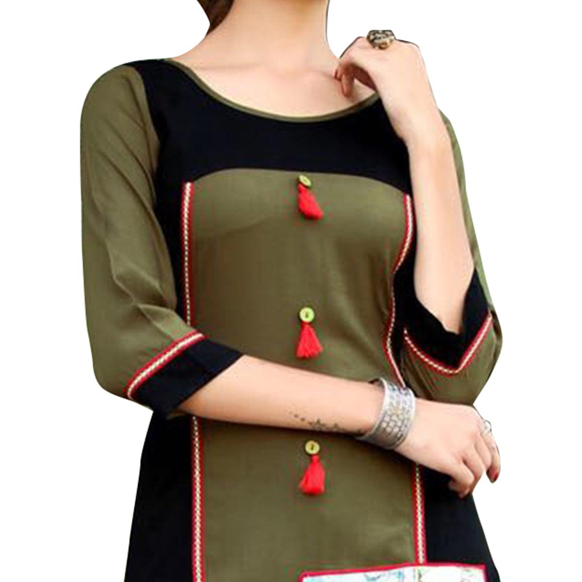 Bold Black-Green Colored Printed Rayon Kurti