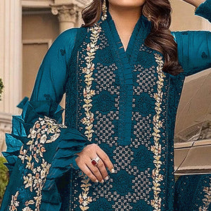 Bottle Blue Sequins With Floral Embroidered Georgette Pakistani Suit