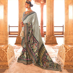 Bottle Green & Off White Patola Printed-Sequins Embroidered Pure Silk Saree