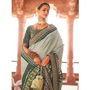 Bottle Green & Off White Patola Printed-Sequins Embroidered Pure Silk Saree