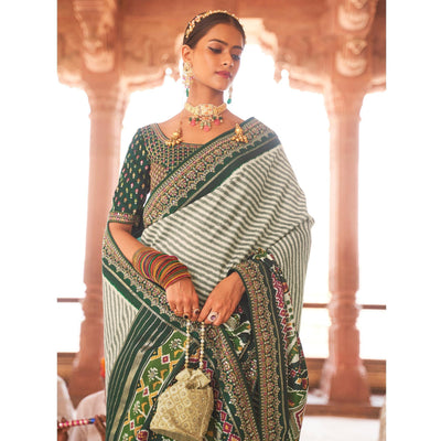 Bottle Green & Off White Patola Printed-Sequins Embroidered Pure Silk Saree