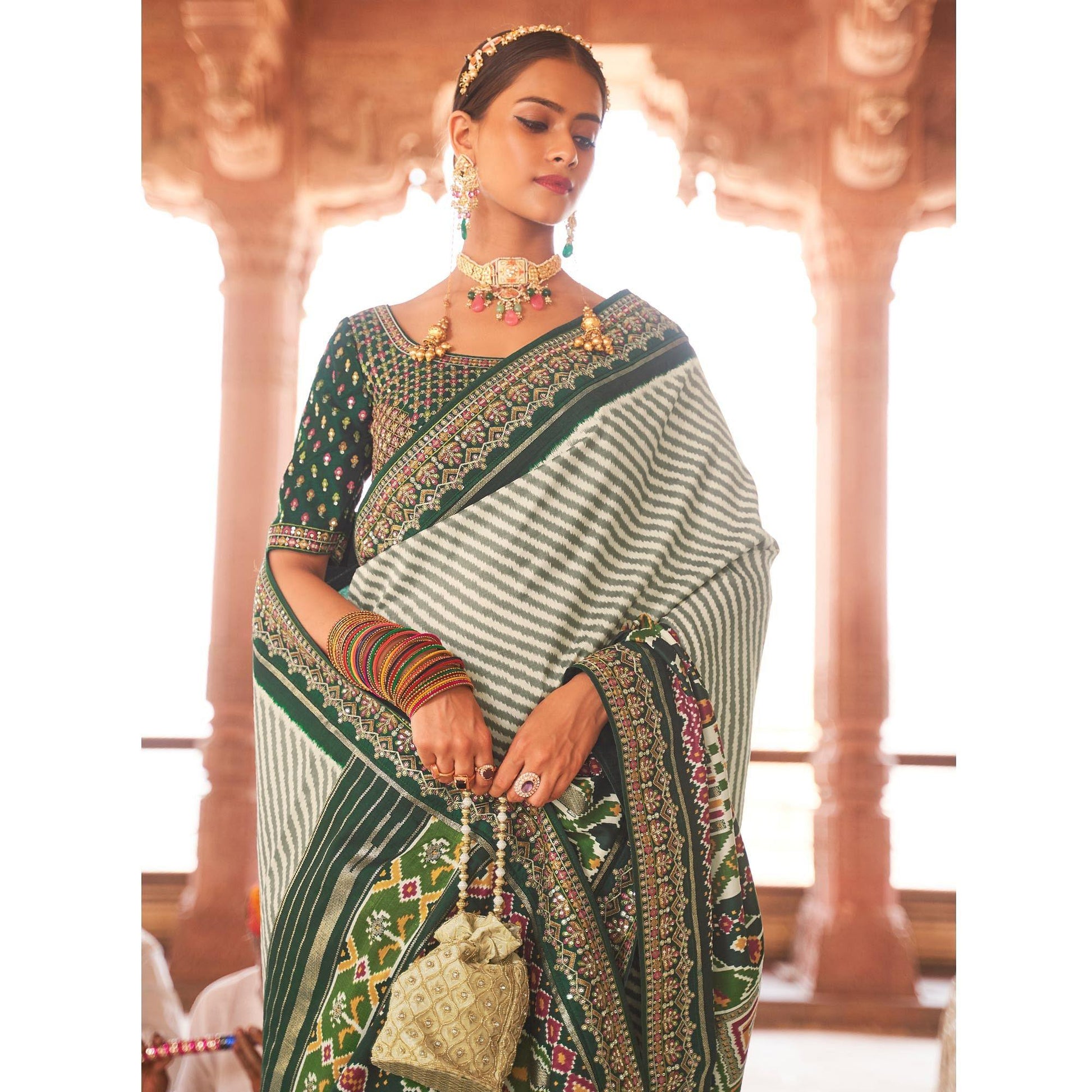 Bottle Green & Off White Patola Printed-Sequins Embroidered Pure Silk Saree