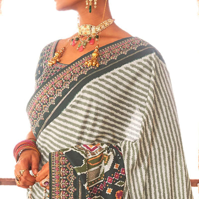 Bottle Green & Off White Patola Printed-Sequins Embroidered Pure Silk Saree