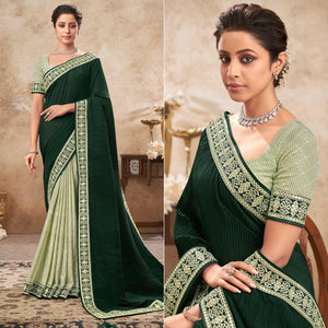 Bottle Green & Pista Green Sequins Embroidered Chiffon Half & Half Saree