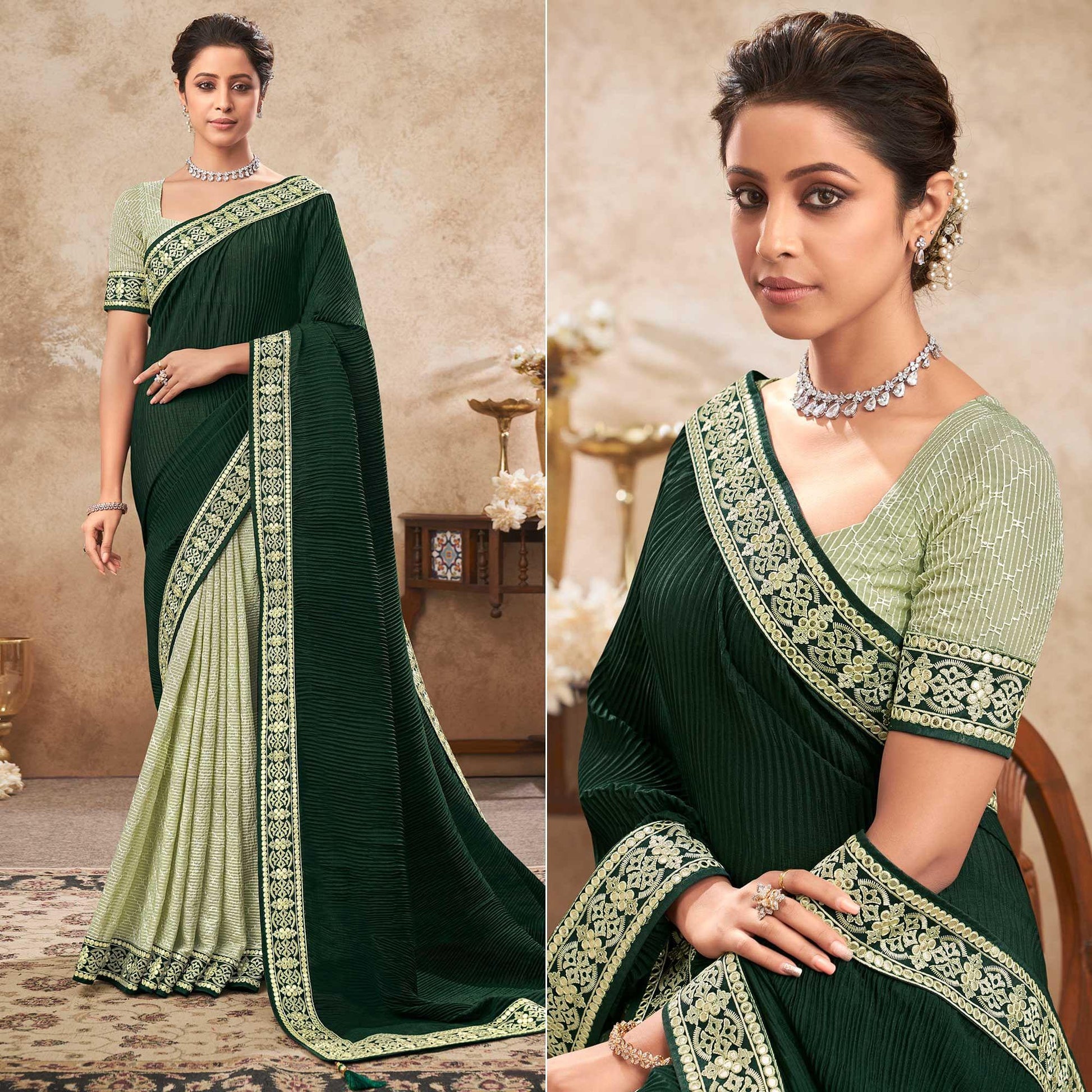 Bottle Green & Pista Green Sequins Embroidered Chiffon Half & Half Saree