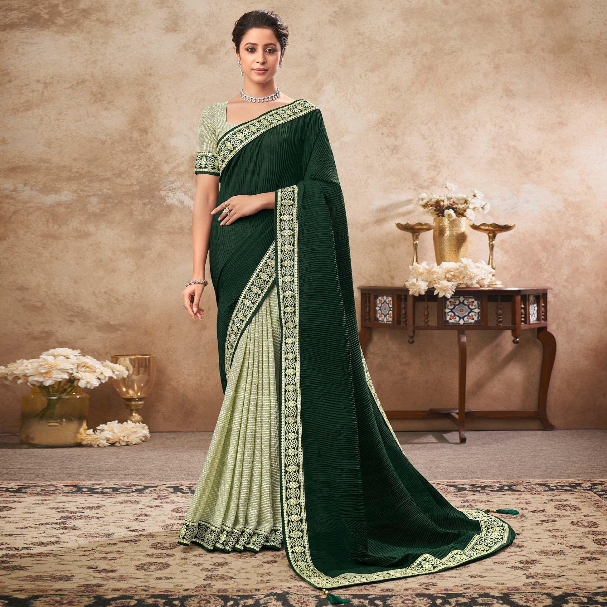 Bottle Green & Pista Green Sequins Embroidered Chiffon Half & Half Saree