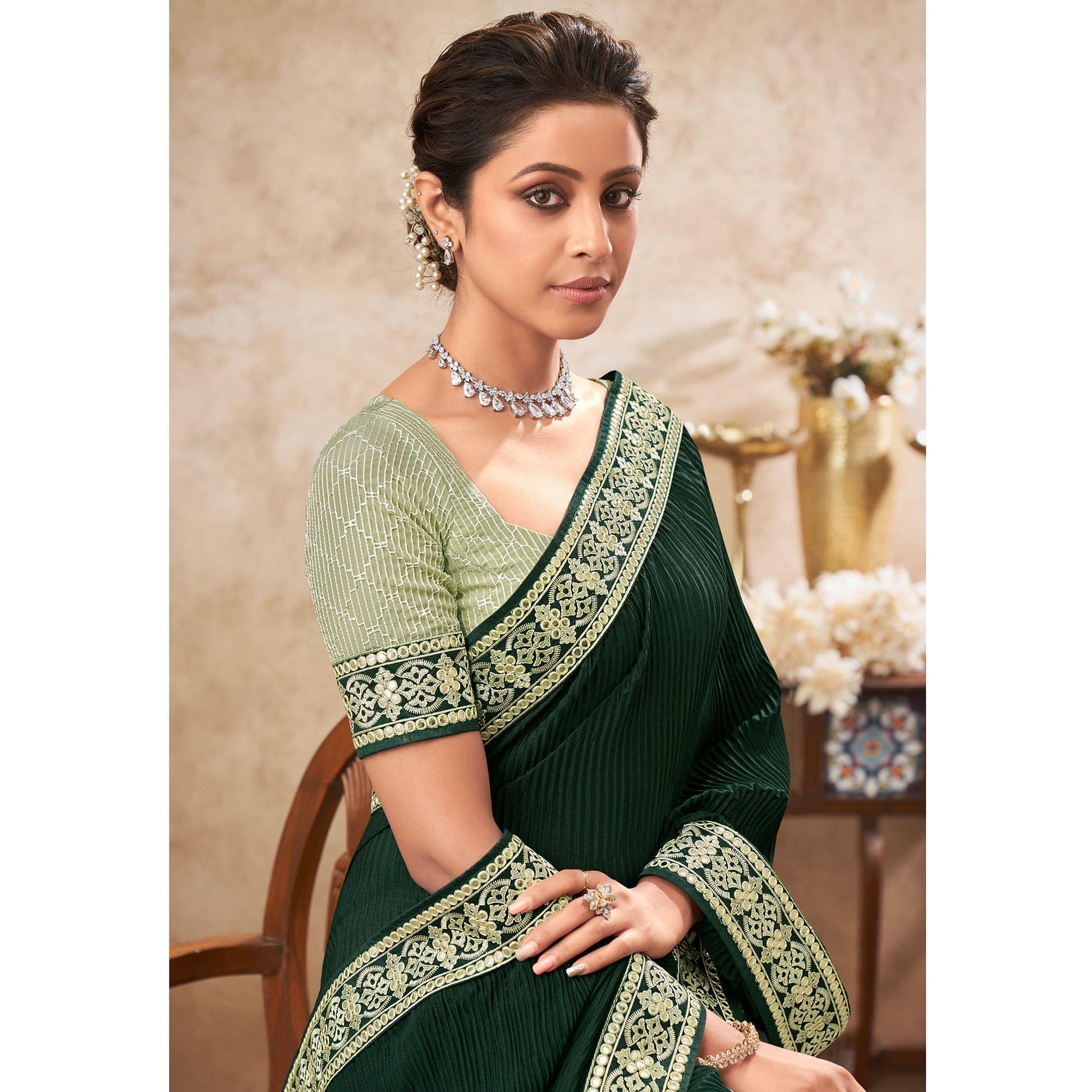Bottle Green & Pista Green Sequins Embroidered Chiffon Half & Half Saree