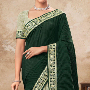 Bottle Green & Pista Green Sequins Embroidered Chiffon Half & Half Saree