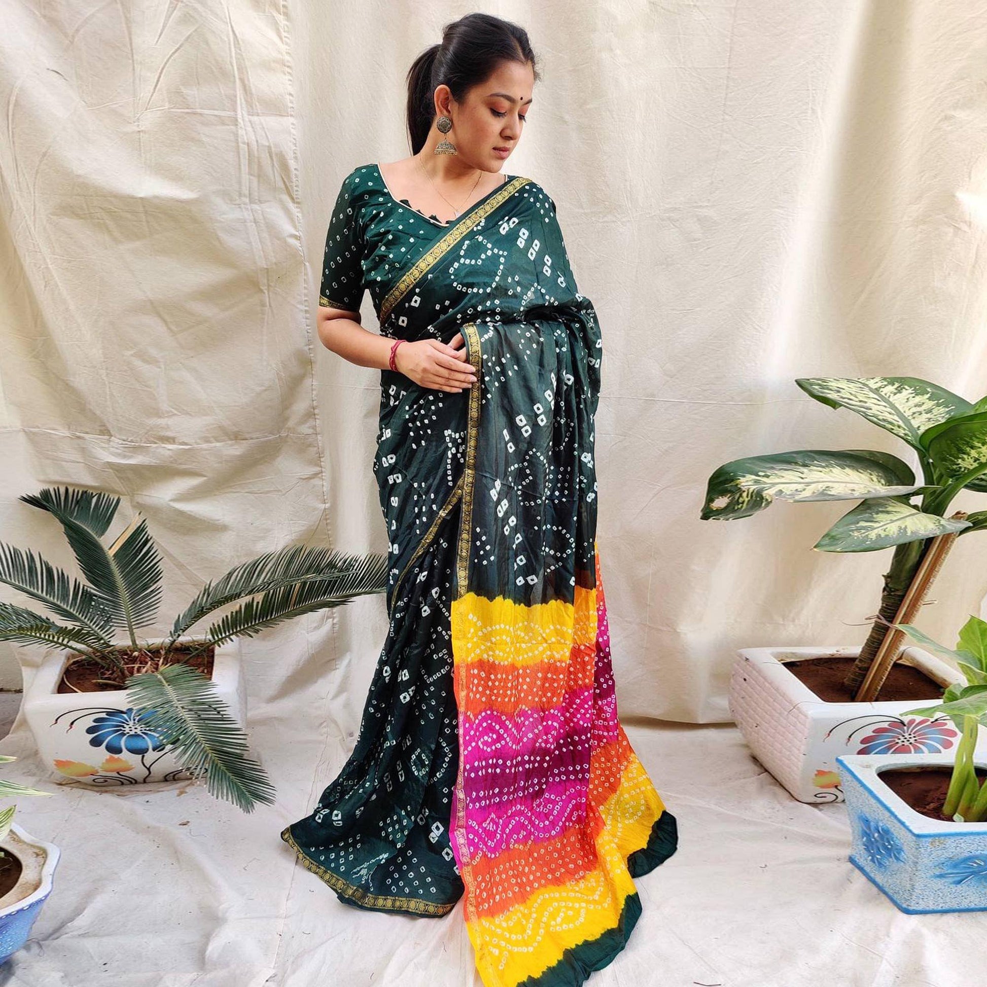 Bottle Green Bandhani Printed Art Silk Saree
