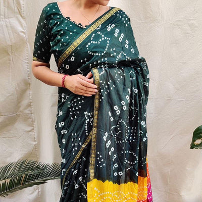 Bottle Green Bandhani Printed Art Silk Saree