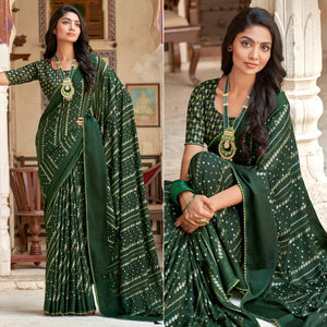 Bottle Green Bandhani Printed Chiffon Saree With Tassels