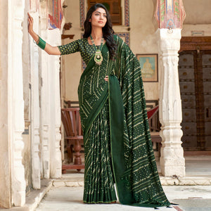 Bottle Green Bandhani Printed Chiffon Saree With Tassels