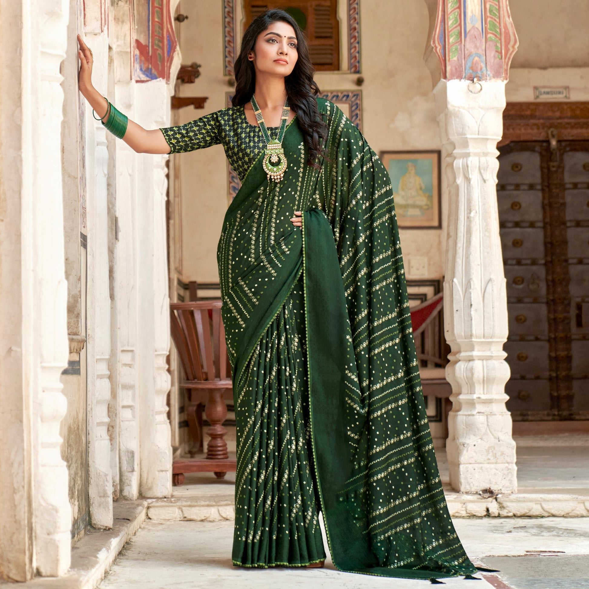 Bottle Green Bandhani Printed Chiffon Saree With Tassels