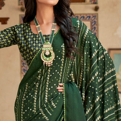 Bottle Green Bandhani Printed Chiffon Saree With Tassels