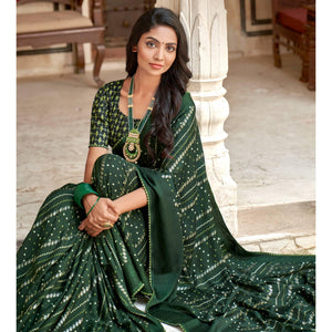 Bottle Green Bandhani Printed Chiffon Saree With Tassels