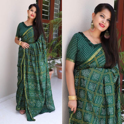 Bottle Green Bandhani Printed With Woven Border Tapetta Silk Saree