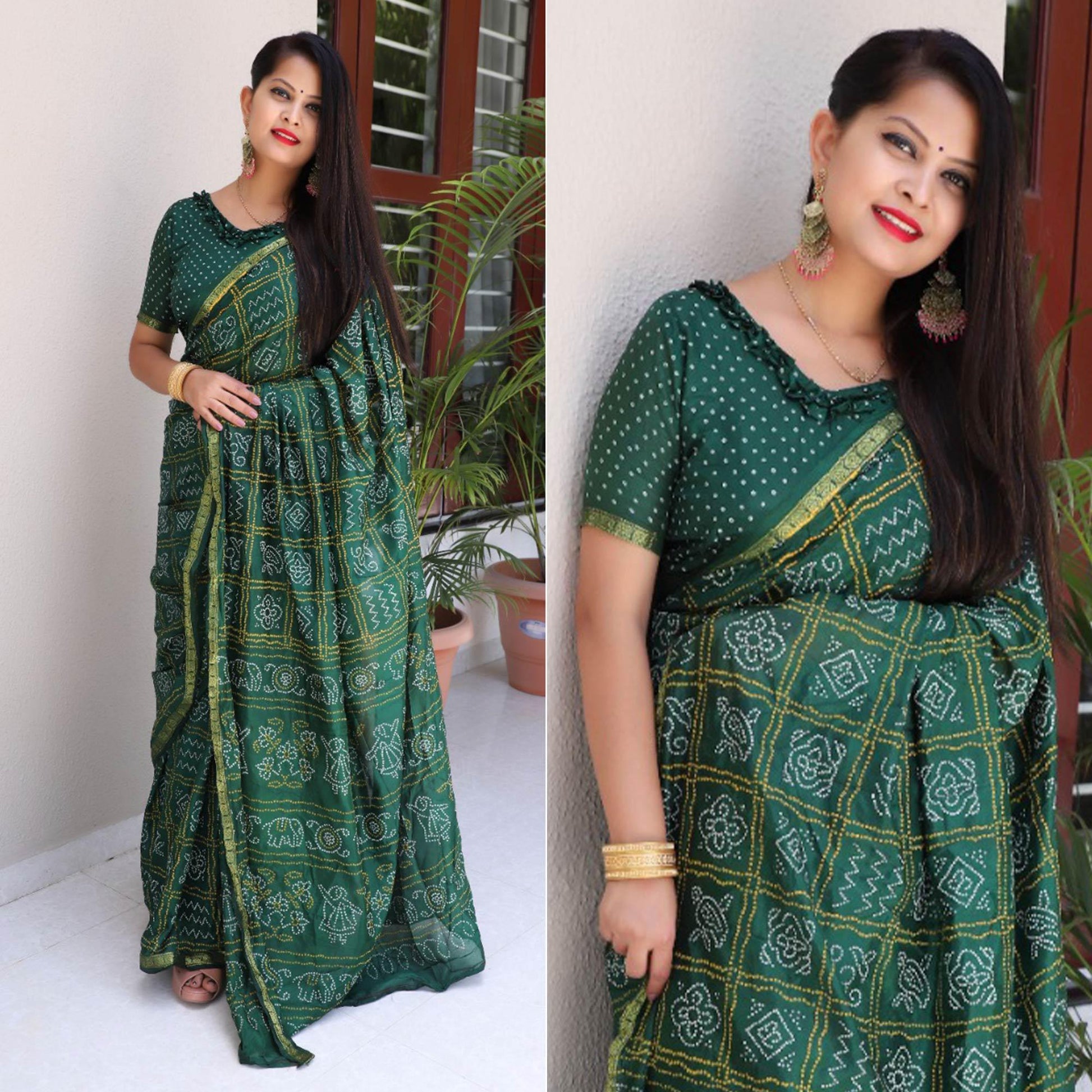 Bottle Green Bandhani Printed With Woven Border Tapetta Silk Saree