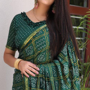 Bottle Green Bandhani Printed With Woven Border Tapetta Silk Saree